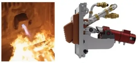 Figure 7. Tiltable oxygen lance burner installed on the side wall of the electric furnace